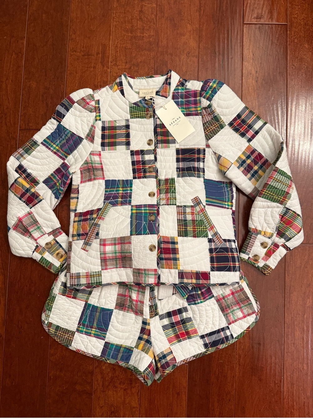 Sezane Veste Jean Patchwork White Multicolor Plaid Quilted Jacket & Shorts Set